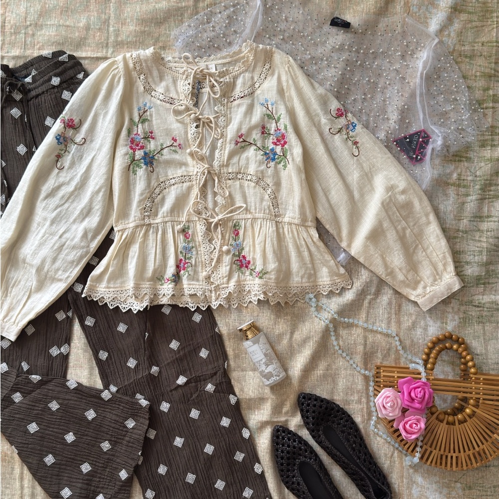Ivory Nude Embroidered Peasant Blouse with Lace Ties - Picture 10 of 12